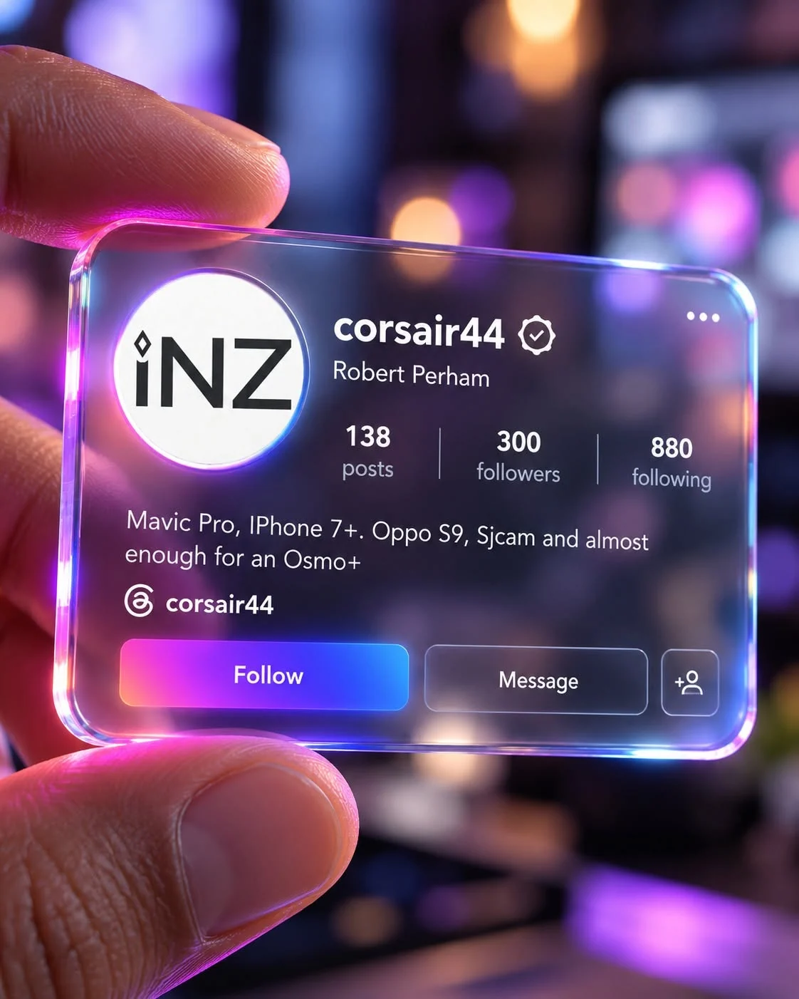 iNZ branded social profile concept for corsair44 displayed as a glowing glass card held between fingers