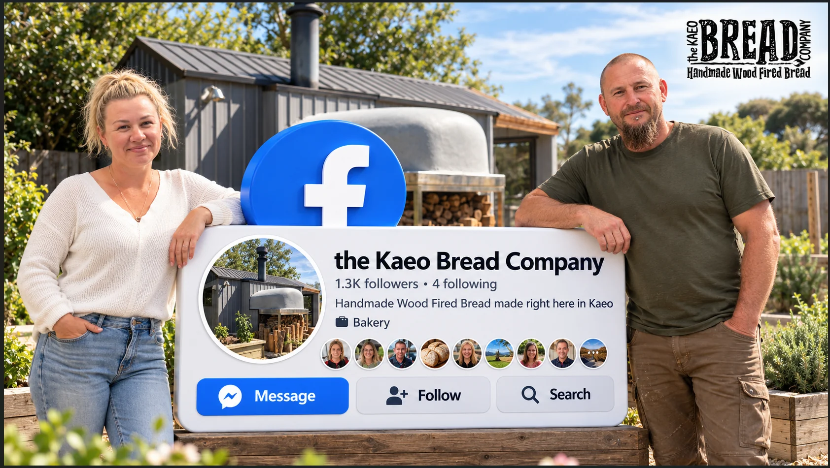 Kaeo Bread Company Facebook cover concept with a bakery setting, page mock-up and people pictured