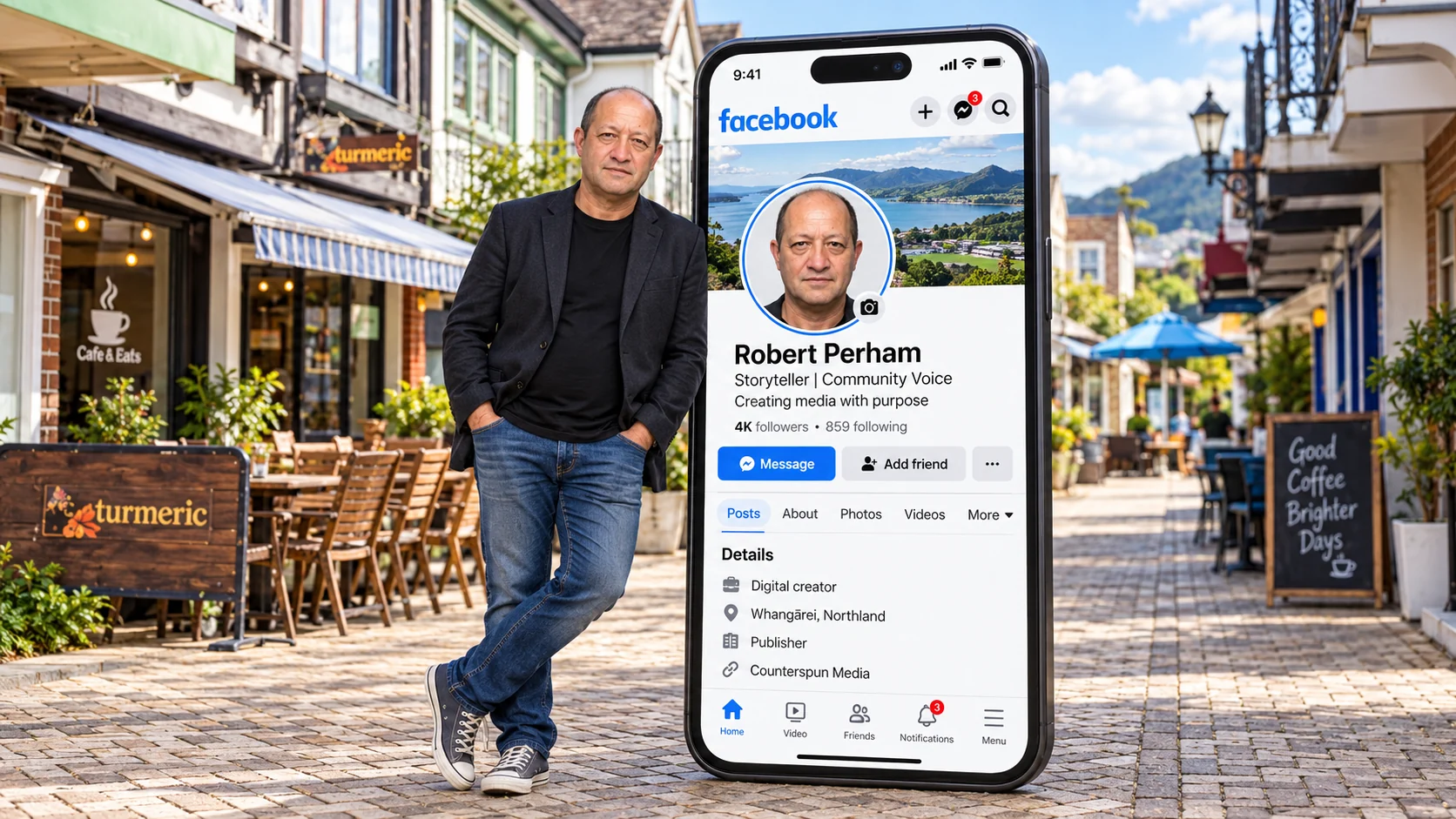 Robert Perham street portrait Facebook profile concept displayed beside a phone mock-up